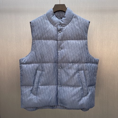 Dior Blue Cotton Blend Down Vest with Dior Oblique Print