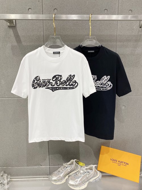 Balenciaga Embroidered Beaded 3D Logo Short-Sleeve Tee