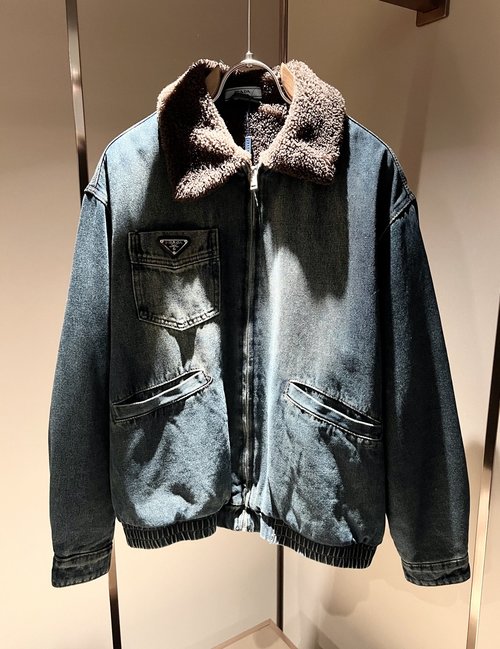 Prada Denim Jacket with Faux Lamb Fur Trim and Logo Design