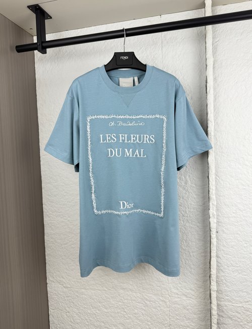 Dior Short Sleeve Tee with Letter Slogan Embroidery