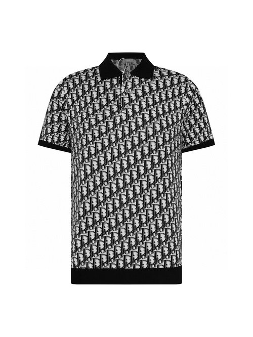 Dior Letter Jacquard Tencel Knitted Polo Shirt in Black and White