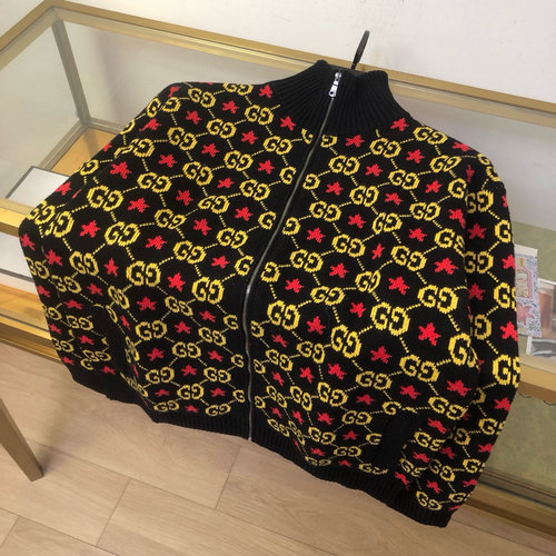 Gucci High-Necked Jacquard Jacket in Black and Yellow