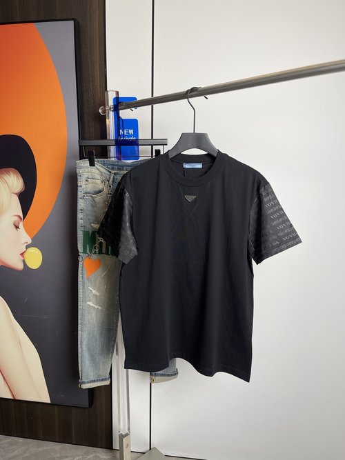 Prada Cotton Short Sleeve T-Shirt with Logo, Two Colors