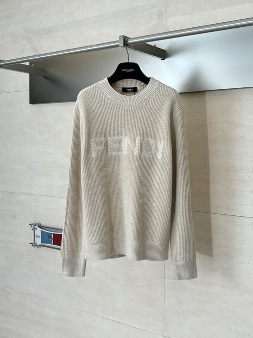 Fendi Wool Round-Neck Knit Sweater with Letter Embroidery