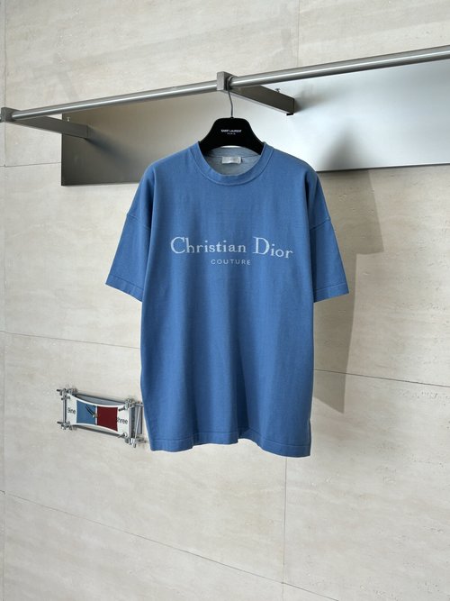 Dior Blue Cotton Knit T-Shirt with Letter Logo