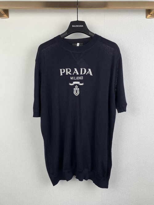 Prada Classic Logo Jacquard Wool Crew Neck Short-Sleeve Tee