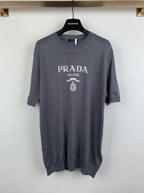Prada Classic Logo Jacquard Wool Crew Neck Short-Sleeve Tee