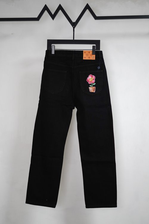 Louis Vuitton Classic Black Pocket Print Straight Jeans with Quality