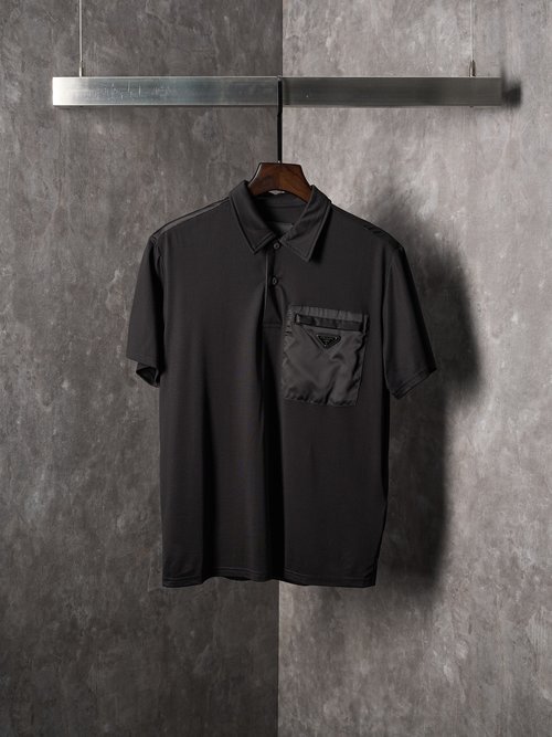 Prada Black Triangular Logo Zipper Pocket Polo Shirt