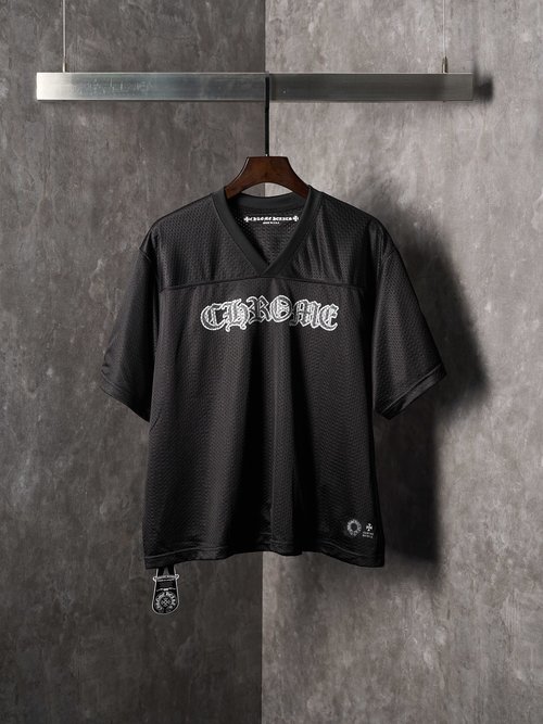 Chrome Hearts V-Neck Mesh Short-Sleeve with Gothic Lettering