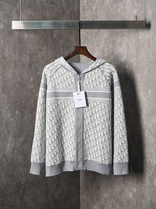 Dior Double-Sided Knit Zip Hoodie with Timeless Pattern