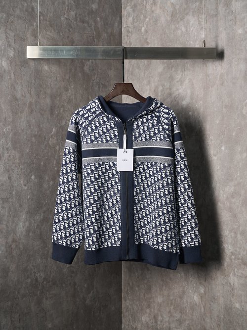 Dior Double-Sided Knit Zip Hoodie with Timeless Pattern