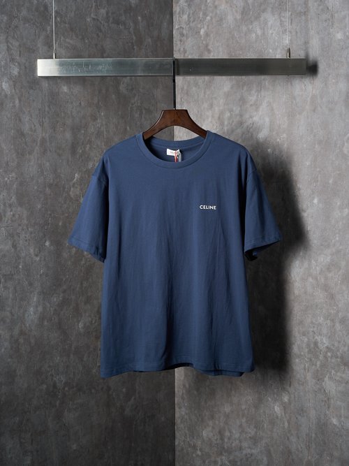 Celine Navy Blue Short Sleeve T-Shirt with Logo Print