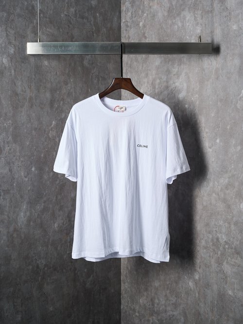 Celine Ivory White Short Sleeve T-Shirt with Logo Print