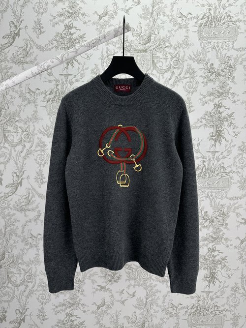 Gucci Knit Wool Sweater with Horse Stirrup Embroidery
