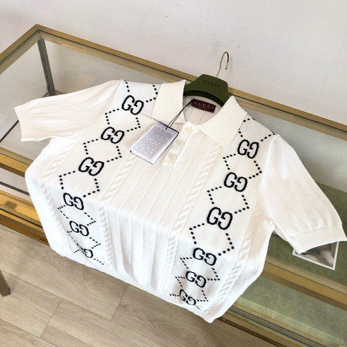 Gucci Ivory & Black Cotton Knit Polo with GG Embroidery
