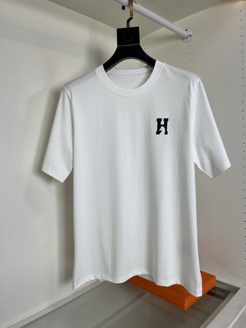 Hermes Leather Embroidery Round Neck T-Shirt
