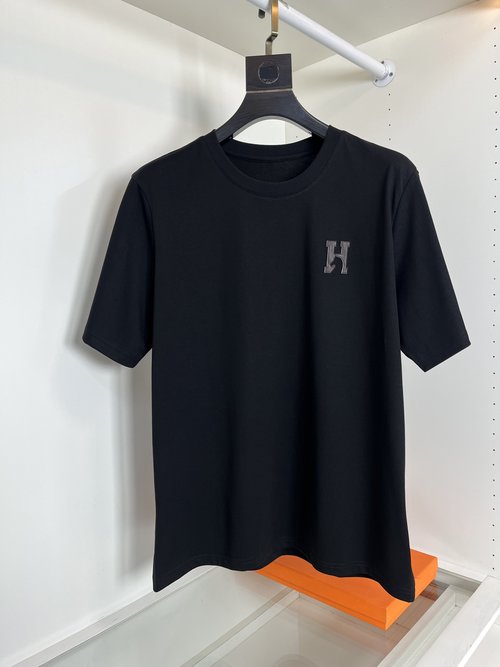 Hermes Leather Embroidery Round Neck T-Shirt