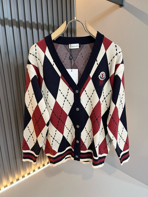 Moncler Red Knit Wool Cardigan with Monogram Logo