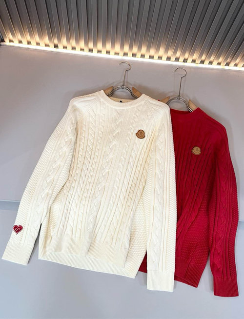 Moncler Christmas-themed Red Knit Wool Sweater with Logo Badge