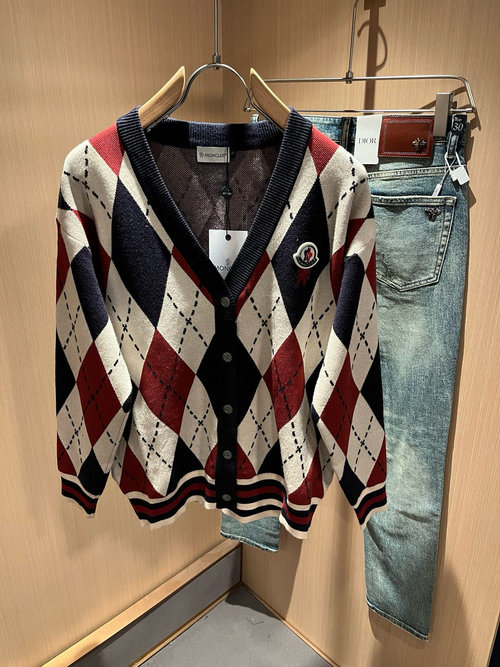 Moncler Slimming Knitted Wool Cardigan with Logo Badge