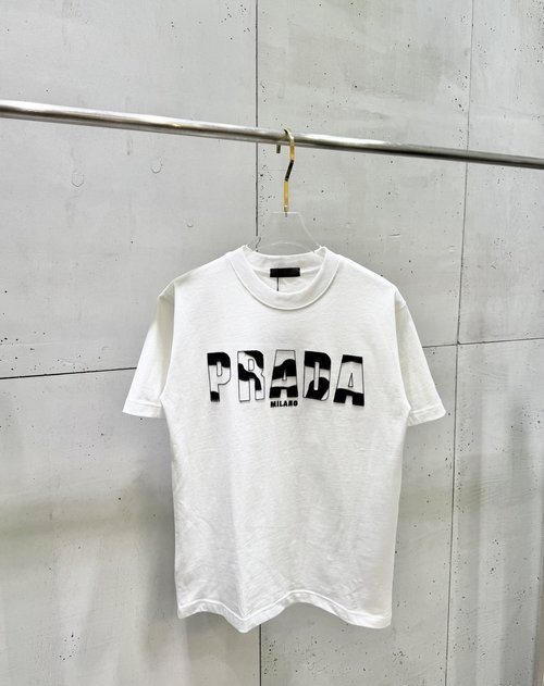 Prada Short Sleeve T-Shirt with Black & White Letter Patchwork