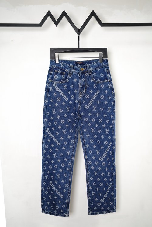 Louis Vuitton Supreme Collaboration Graphic Print Denim Jeans, Classic Cut
