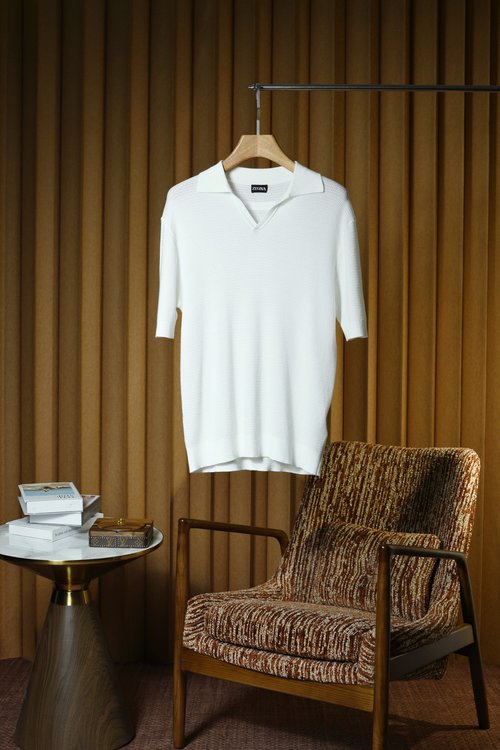 Zegna V-Neck Short-Sleeve Polo with Knit Stripes