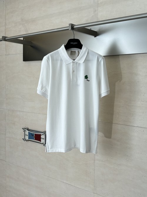 Dior Clover Embroidery Pearl Button Polo Shirt