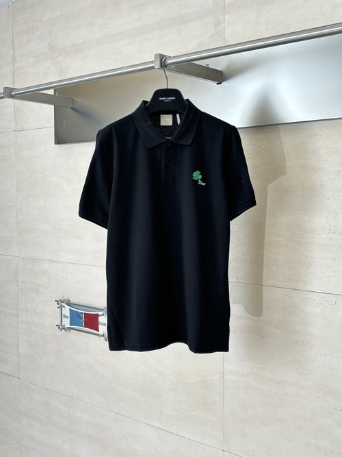 Dior Clover Embroidery Pearl Button Polo Shirt