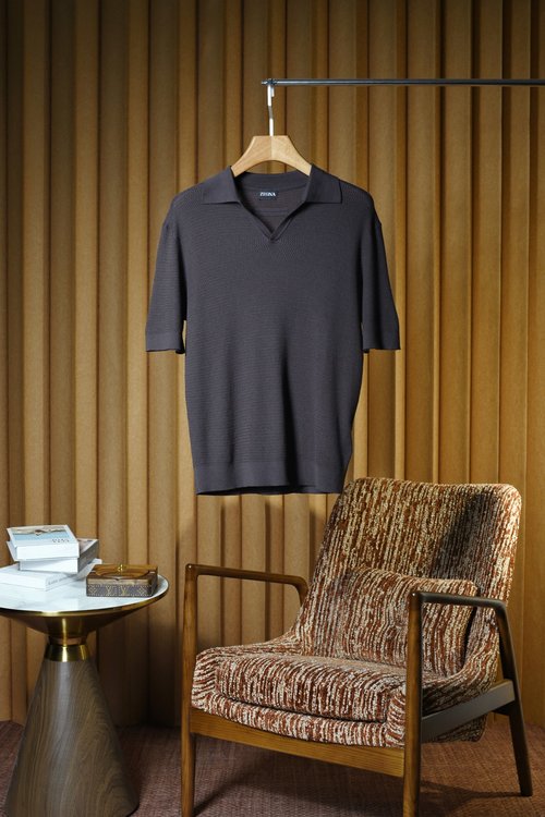Zegna V-Neck Short-Sleeve Polo with Knit Stripes