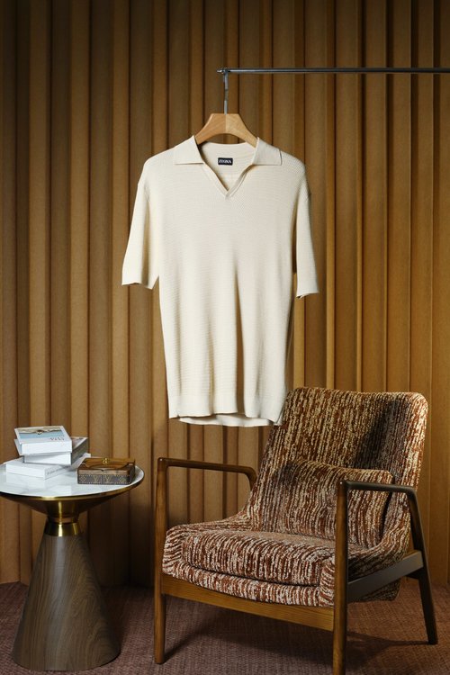 Zegna V-Neck Short-Sleeve Polo with Knit Stripes