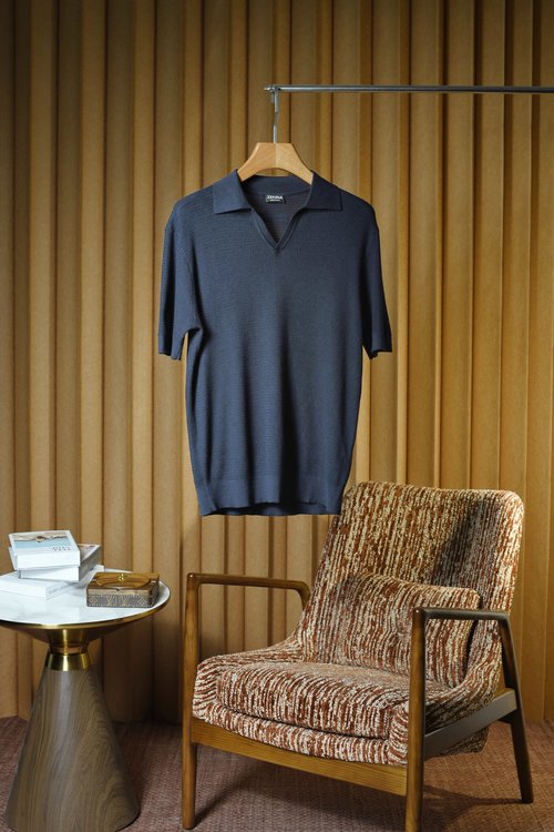 Zegna Cotton Linen Knit Stripe Polo with Unique Collar