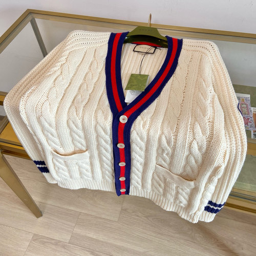 Gucci Ivory Knit Wool Cardigan with Striped Accents