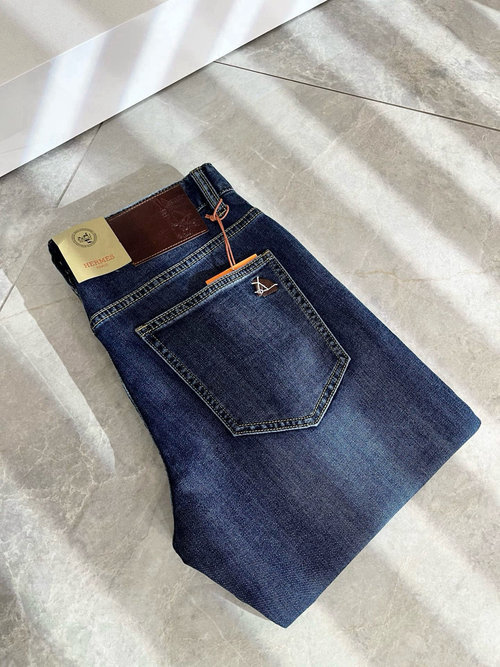 Hermes Denim Straight-Leg Jeans with Logo Waist Tag