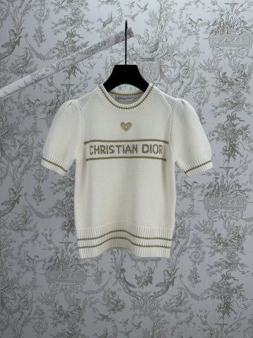 Dior Beige Gold Knit Short-Sleeve Top