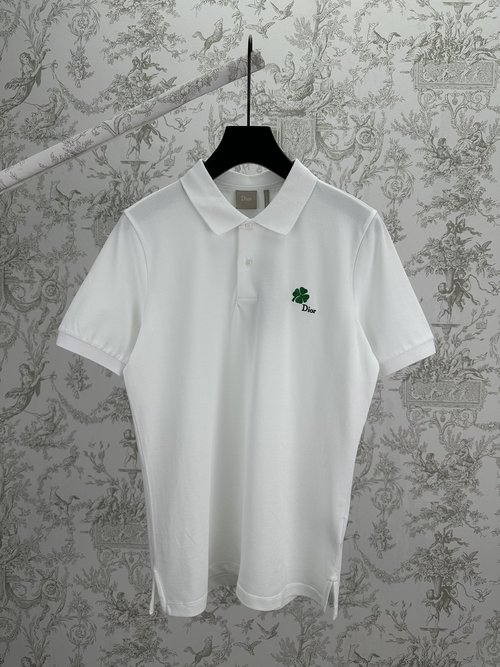 Dior White Cotton Polo Shirt with Clover Embroidery