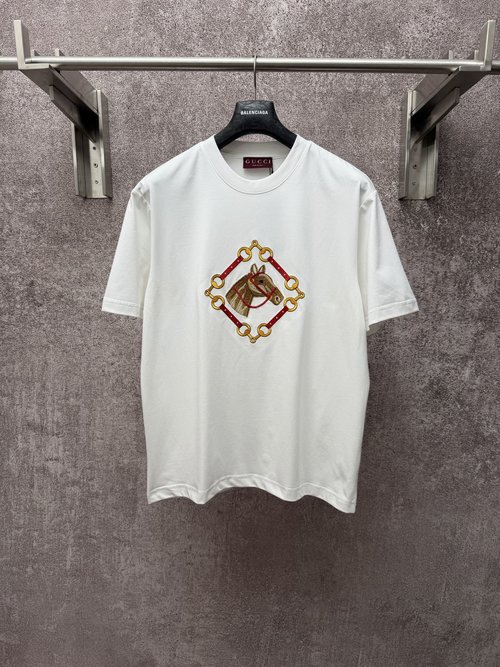 Gucci Embroidered Horse Head Cotton Short Sleeve Shirt