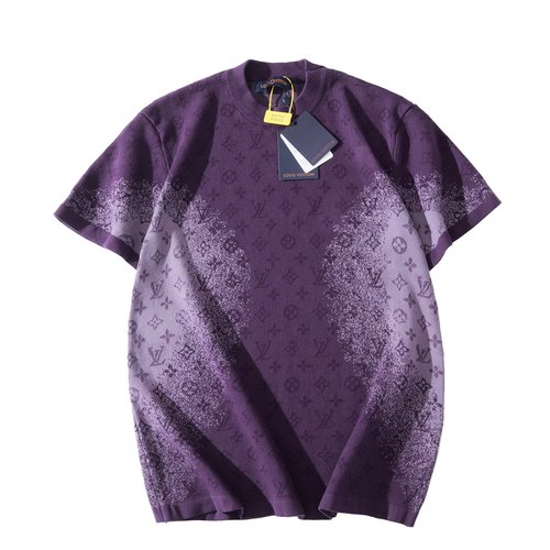 Louis Vuitton Purple Knit Short Sleeve T-Shirt with Leather Trim