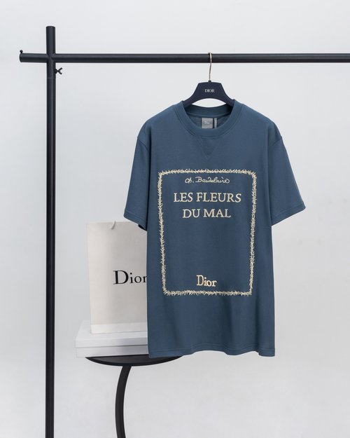 Dior Blue T-Shirt with Flowers of Evil Embroidery
