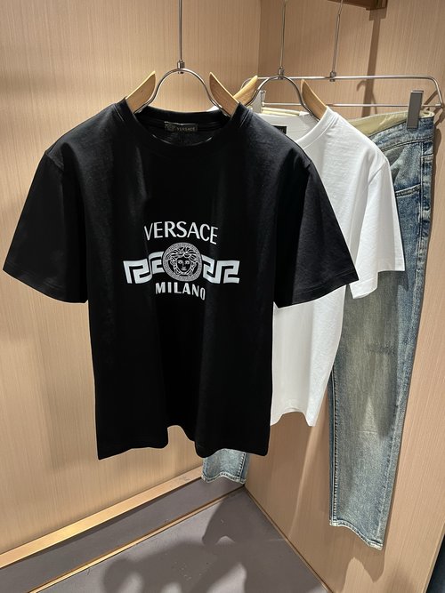 Versace Imported Cotton Short-sleeved T-shirt with Logo Embroidery
