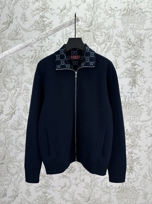Gucci Blue Knit Wool Zipper Jacket with Pattern