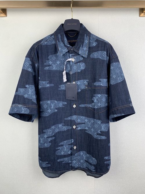 Louis Vuitton Denim Floral Short Sleeve Shirt with Custom Buttons