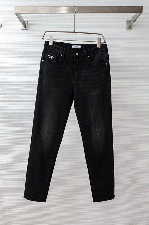 Prada Imported Denim Straight Pant with Logo Details