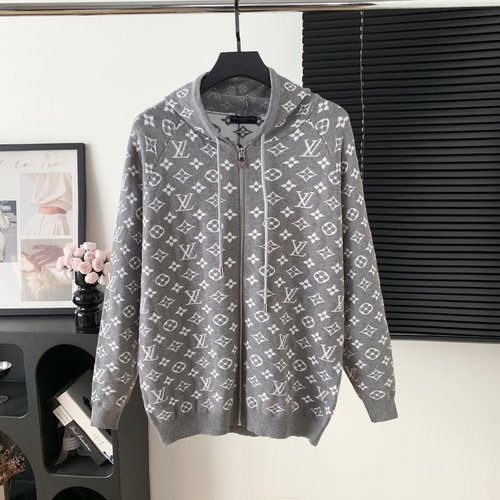 Louis Vuitton Zippered Hooded Sweater with Logo, Gray