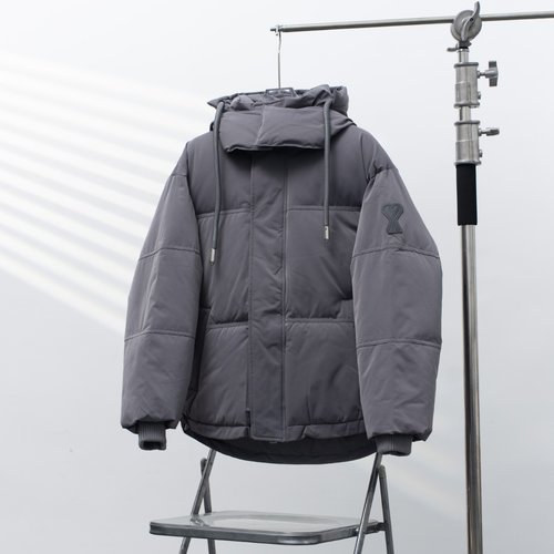 Ami Hooded Down Jacket with Sleeve Logo in Gray