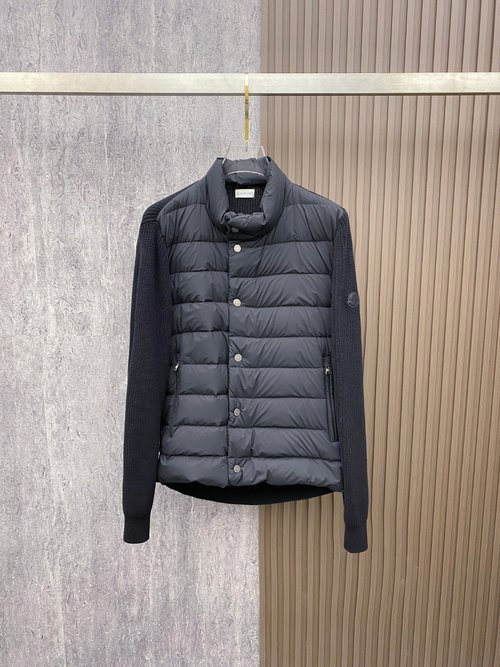 Moncler Quilted Down Jacket with Knit Accents, Black & White