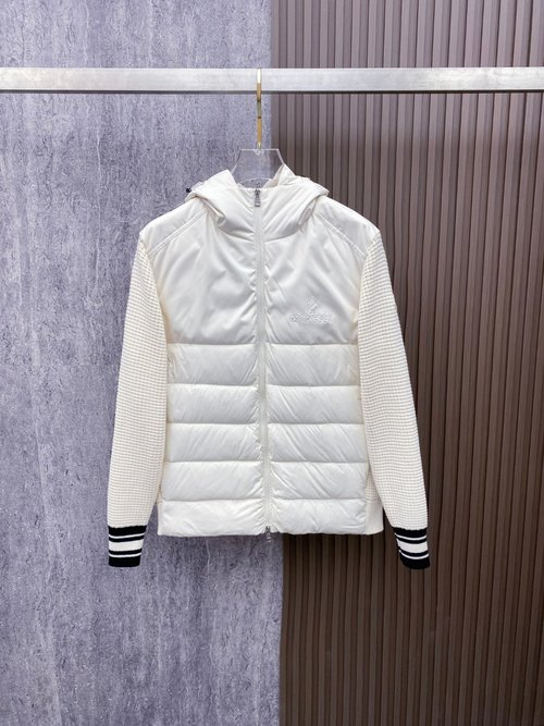 Moncler Hooded Quilted Down Jacket with Knit, Black & White