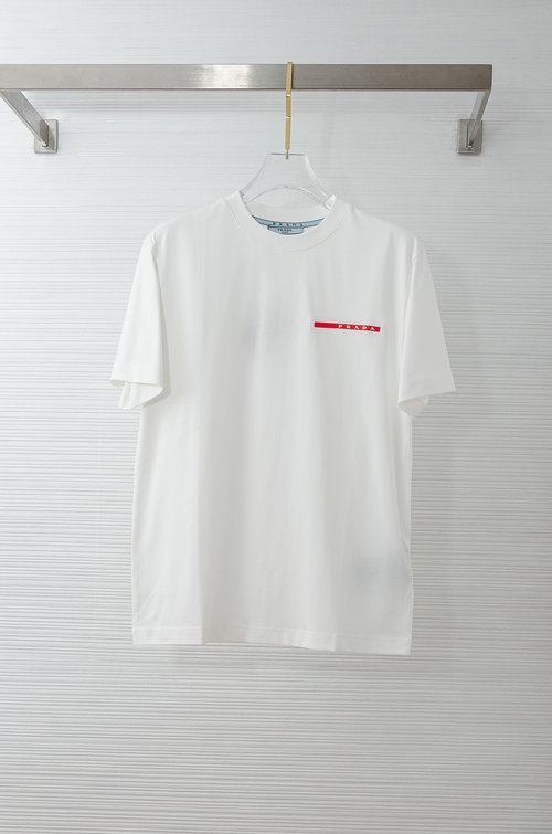 Prada Simple Round Neck Short Sleeve T-Shirt with a Red Strip Label