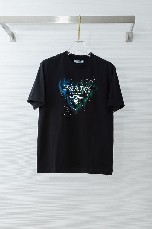 Prada Fashionable Round Neck T-Shirt with 3D Printing, Elastic Fabric